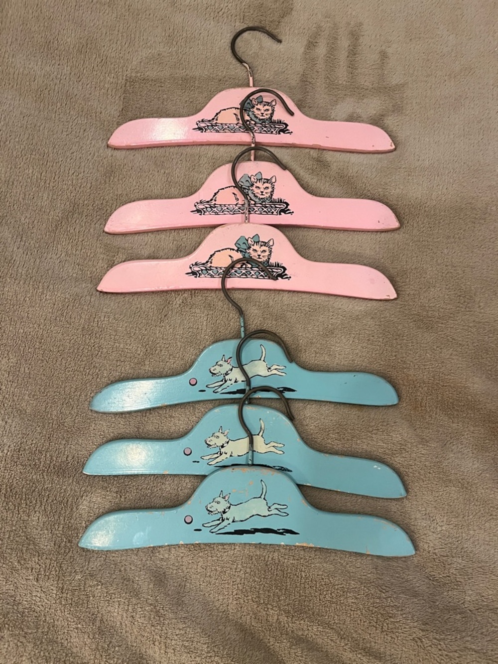 Vintage Kids Wooden Cat and Dog  Hangers - Pink & Blue Set